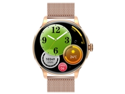 Smartwatch com chamadas Bluetooth, controle de voz, mostradores de relógio personalizáveis, atualizações meteorológicas e reprodução de música.