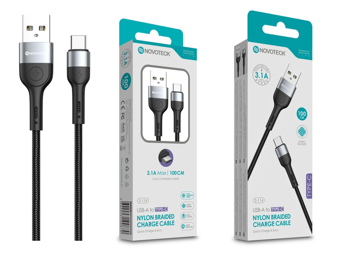 Cabo De Dados Trançado Nylon 3.1a Carregamento Rápido Negro , Type C Usb , 1.0m
