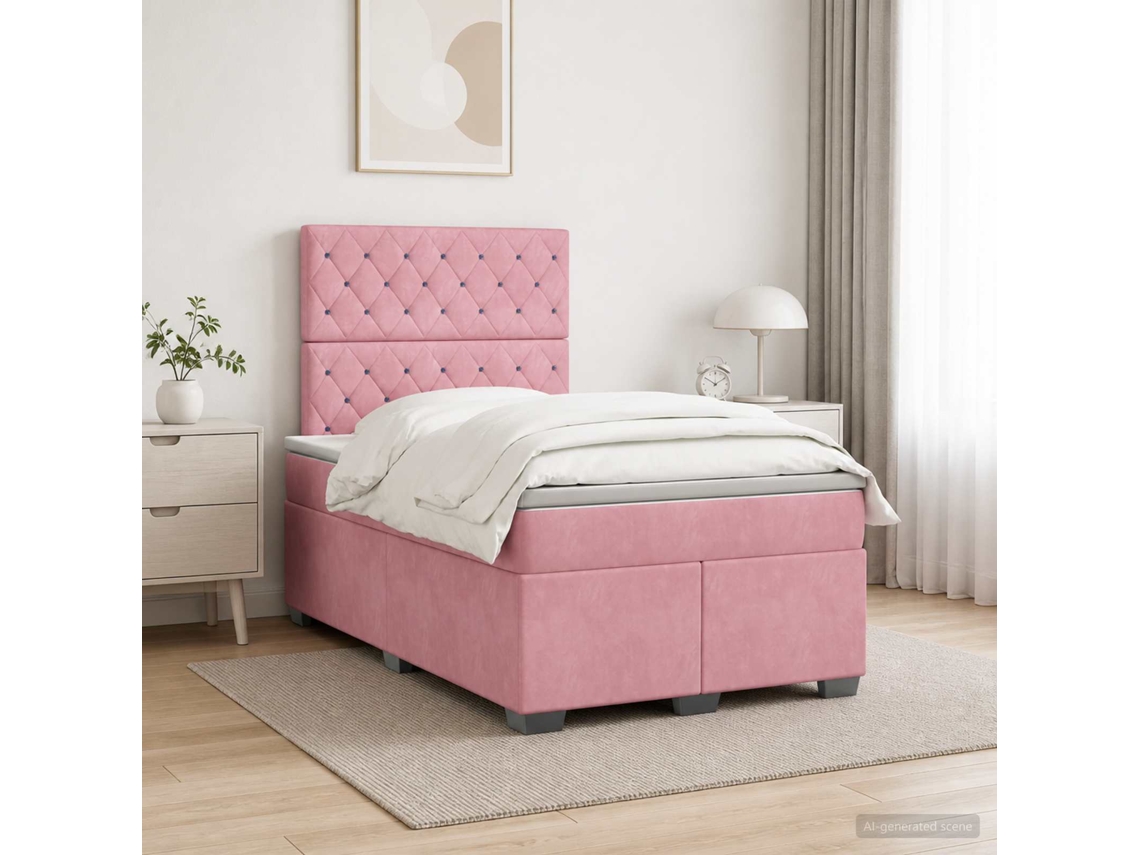 Vidaxl Cama Box Spring Com Colchão Rosa 120 X 200 Cm Veludo