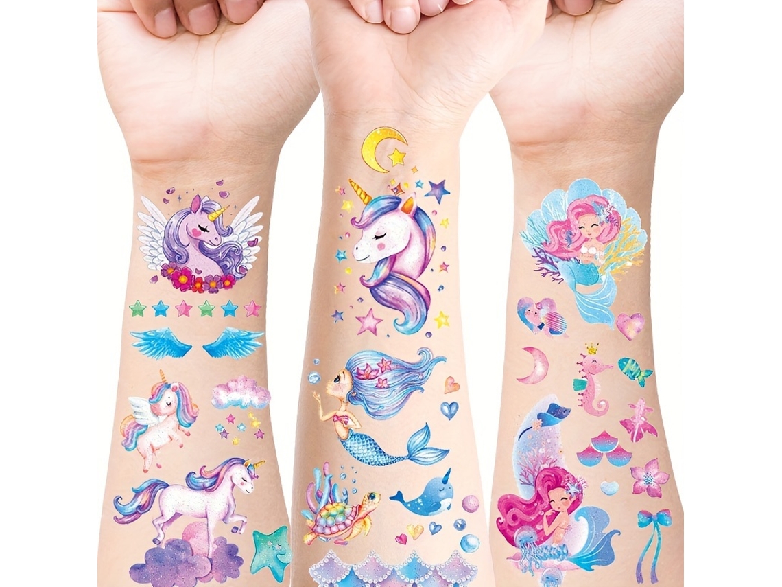 12 Adesivos De Tatuagem Temporária Brilhantes De Unicórnio E Sereia Para Crianças