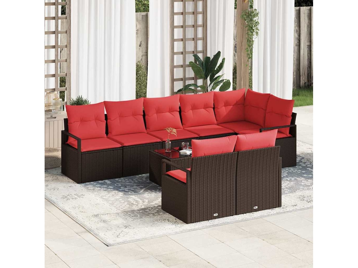 Vidaxl Conjunto De Sofá De Jardim 9 Unid. Marrom E Vermelho Vime Pe