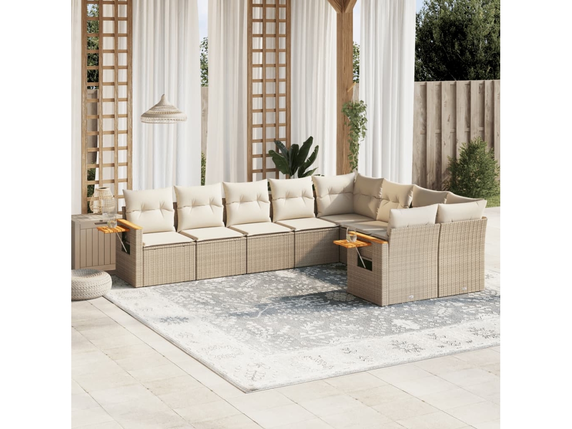 Vidaxl 9 Pcs Conjunto De Sofás P/ Jardim Com Almofadões Vime Pe Bege