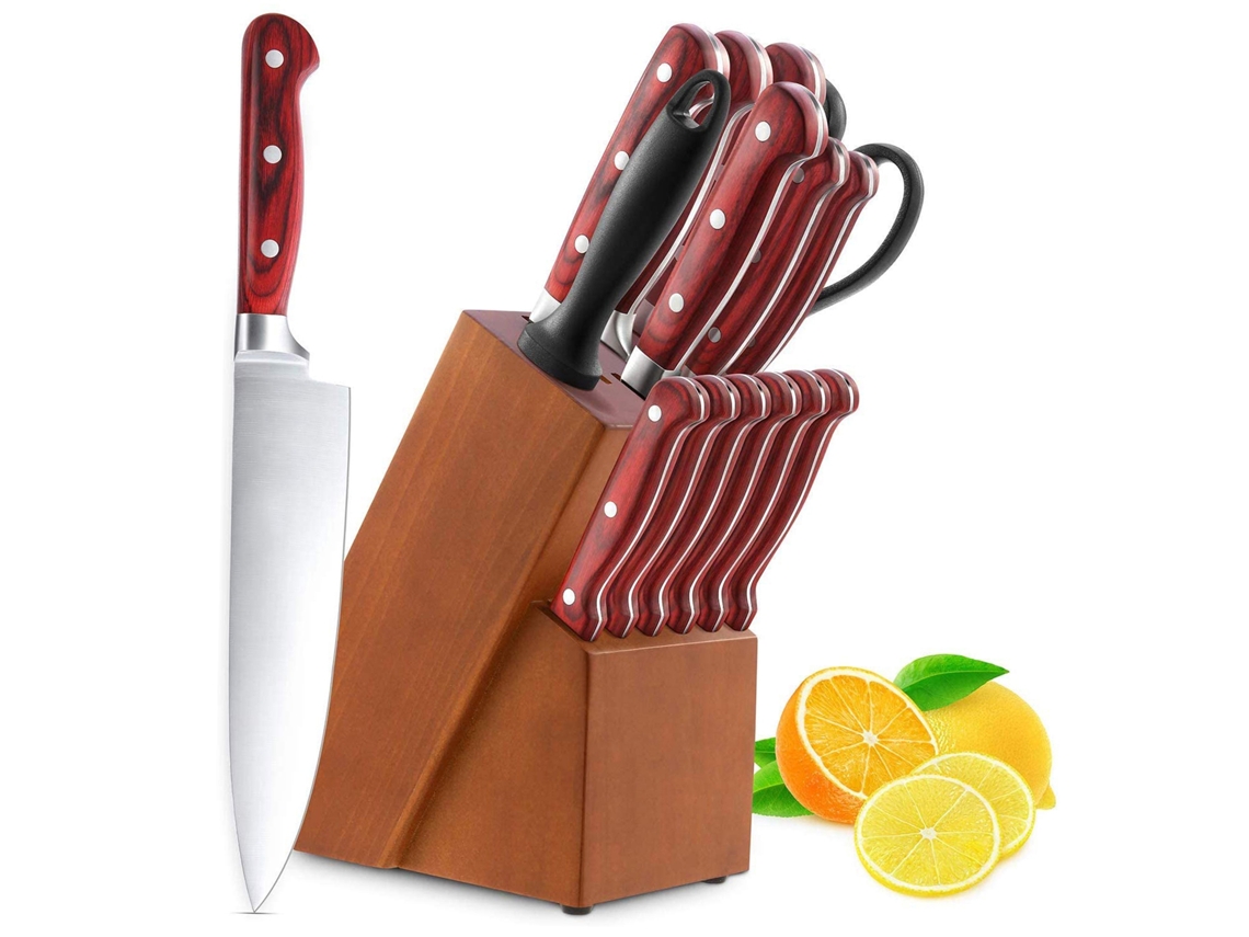 Conjunto de 15 Facas de Cozinha com bloco de madeira aço inoxidável alemão Homgeek | S/MARCA