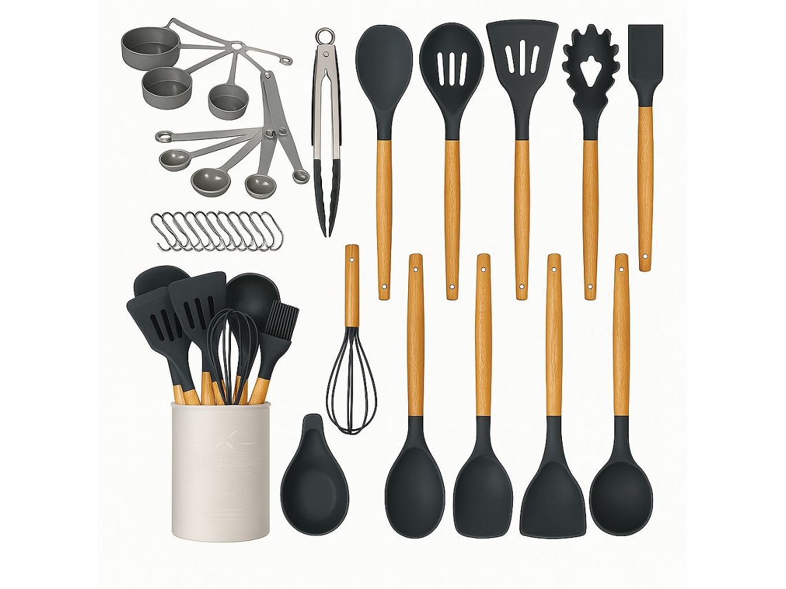Conjunto de utensílios de cozinha Klack com 34 peças - Silicone antiaderente e resistente ao calor com cabo e suporte de madeira - Cinza/Preto