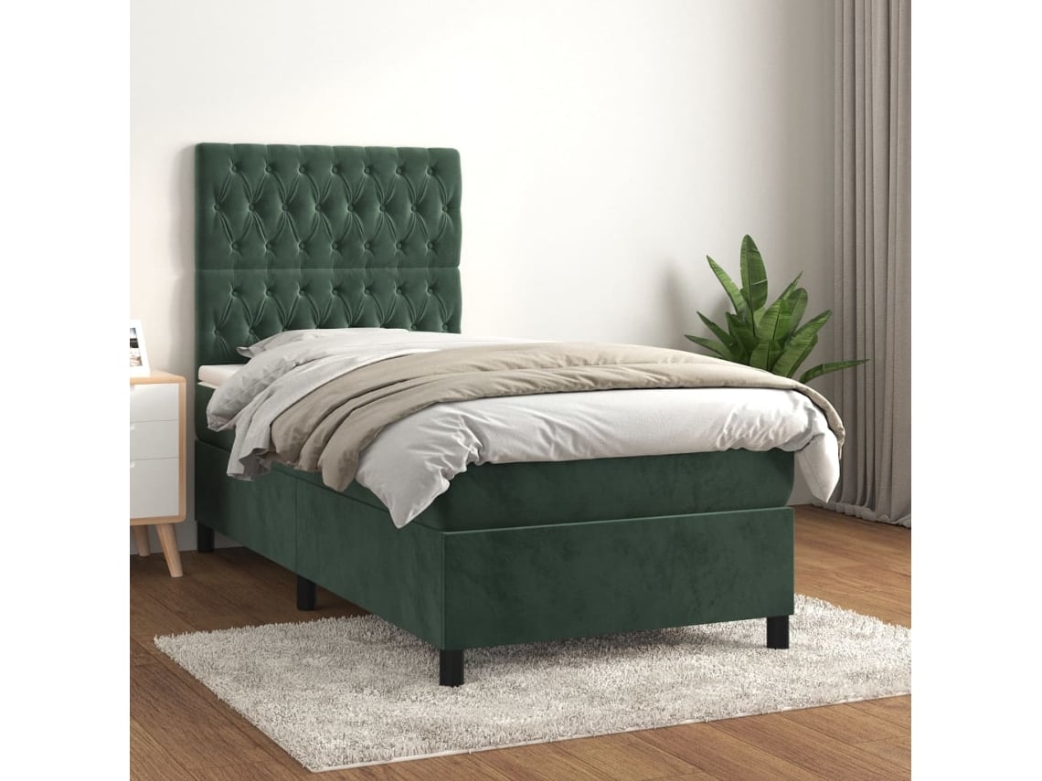 Cama com Colchão de Molas Veludo Verde (80x200cm)