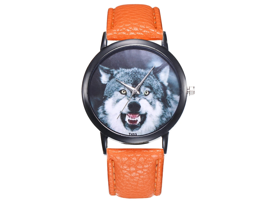 Relógio analógico masculino com mostrador em formato de cabeça de animal e pulseira ultrafina de PU laranja.