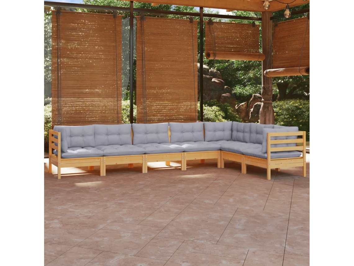 Vidaxl 7 Pcs Conjunto Lounge De Jardim + Almofadões Cinza Pinho Maciço