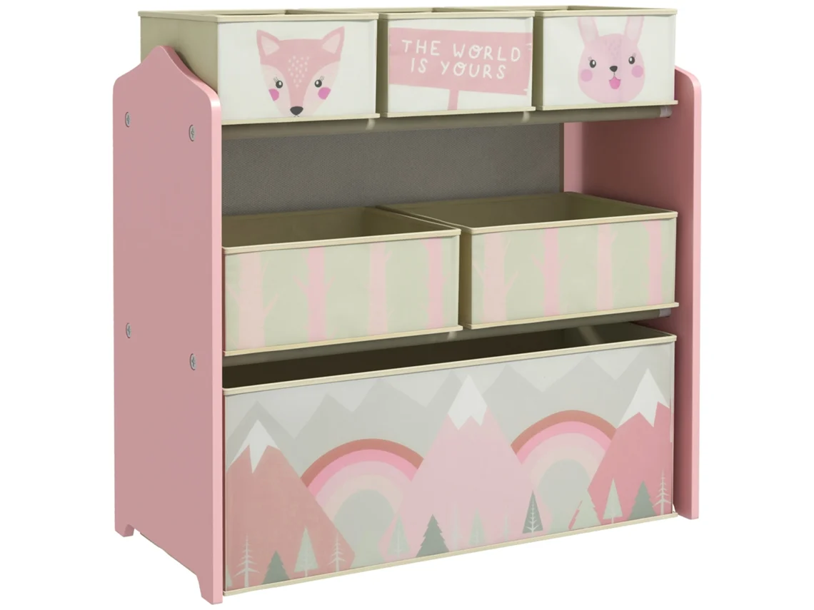 Prateleira organizadora de brinquedos infantil com 6 cestos de tecido removíveis 63x30x66cm rosa BTFORUS