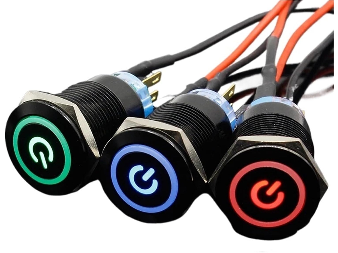 Botão de pressão de 19 mm em alumínio preto, com indicador LED de energia, interruptor de botão de controle momentâneo.