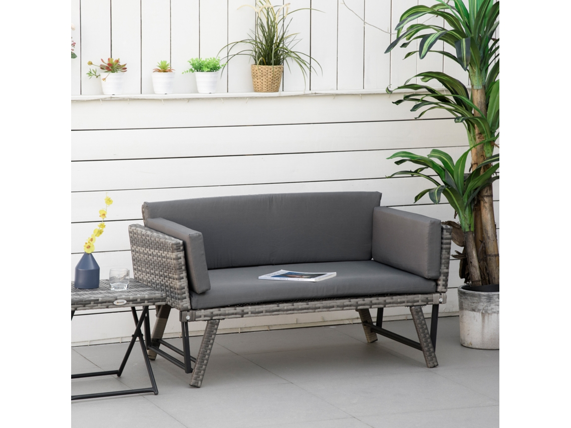 Sofá Externo De 2 Assentos Em Rattan Cinza Com Almofada E Braços Retráteis - 129x63x67cm