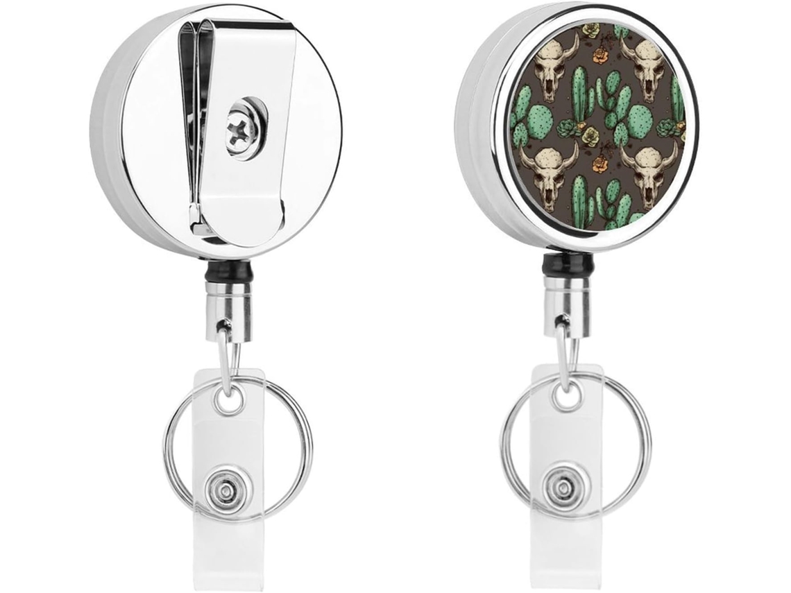 Porta Crachás De Metal Com Design Crânio Touro E Cacto Fofo, Retrátil, Com Clipes Resistentes
