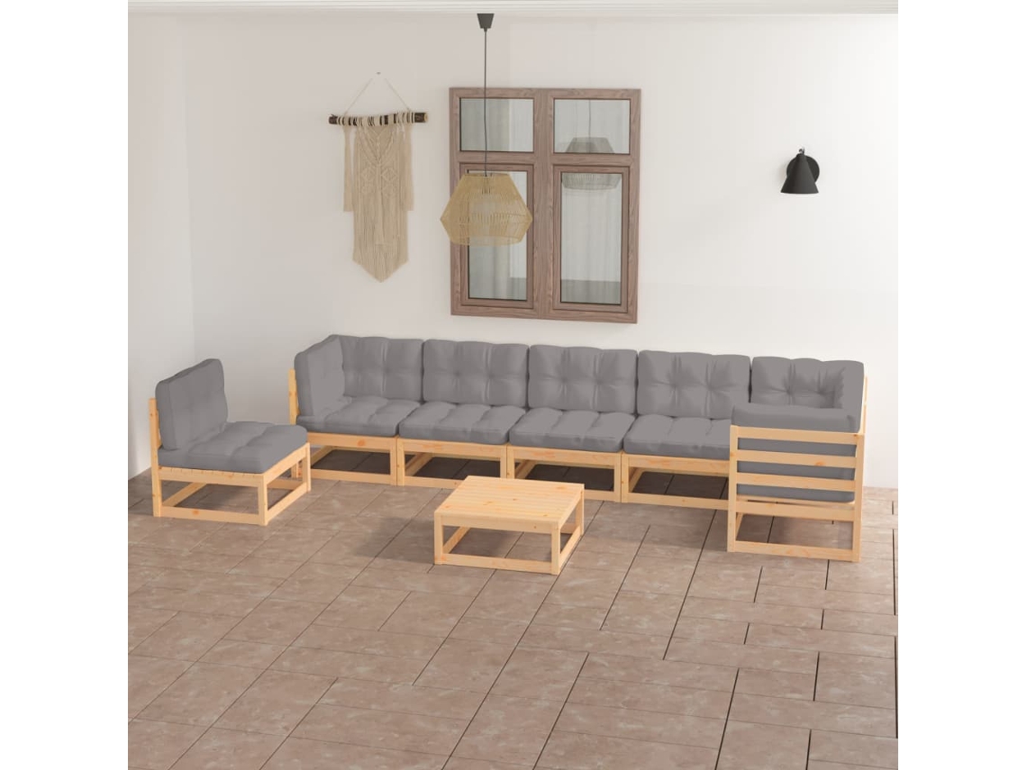 Vidaxl 8 Pcs Conjunto Lounge De Jardim C/ Almofadões Pinho Maciço