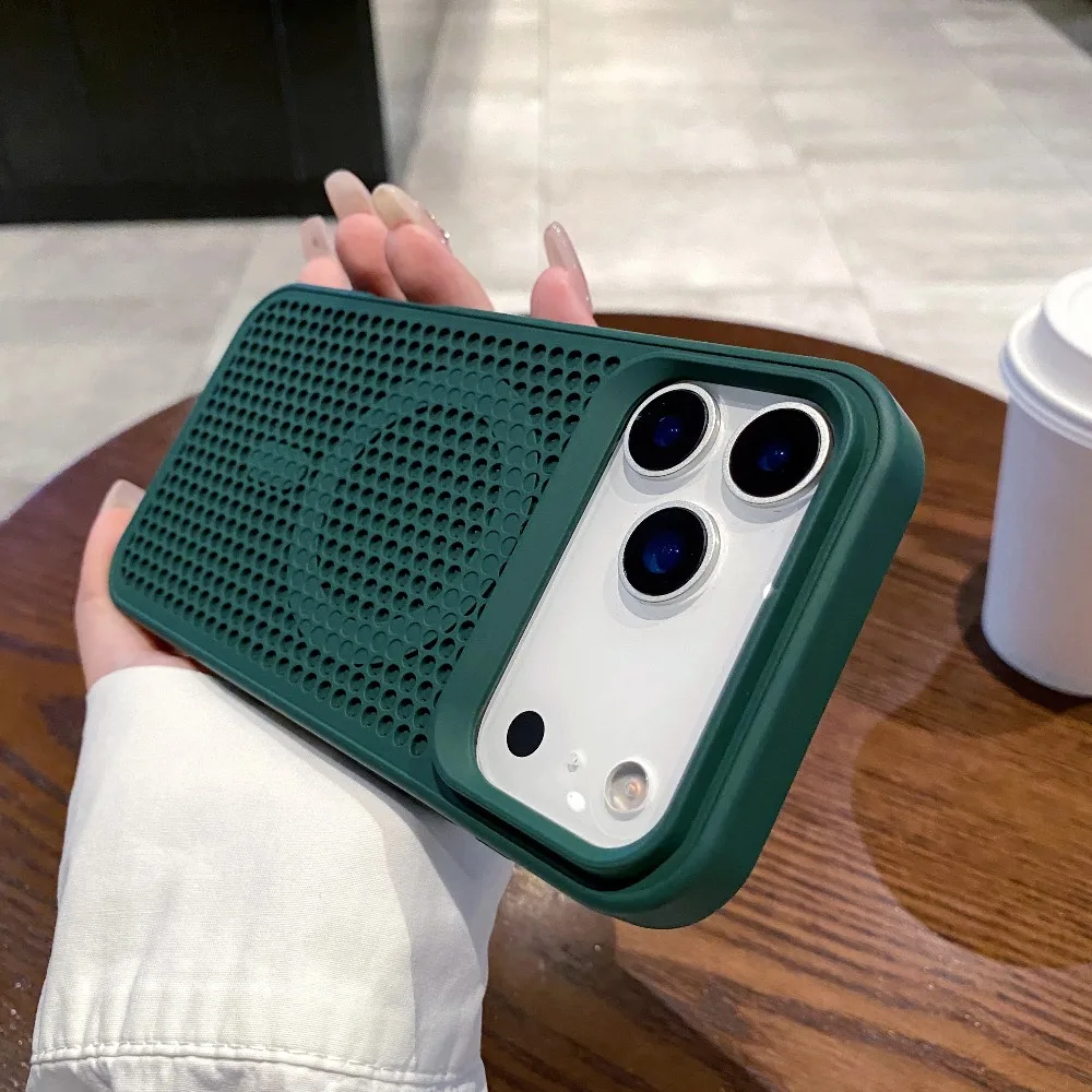 (verde Escuro, Iphone 13 Pro Max) Capa Para Celular Com Design Em Malha Perfurada Para Dissipação De Calor, Compatível Com Magsafe.