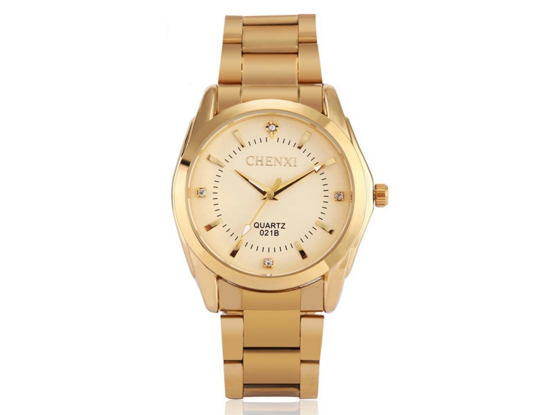 Relógio masculino com cristais de strass, pulseira de aço inoxidável e movimento de quartzo dourado.