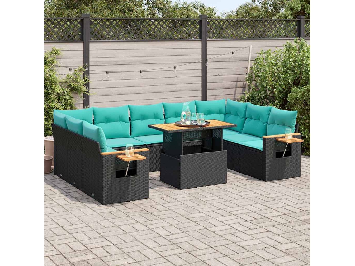 Vidaxl 10 Pcs Conjunto Sofás Jardim C/ Almofadões Vime Pe/acácia Preto