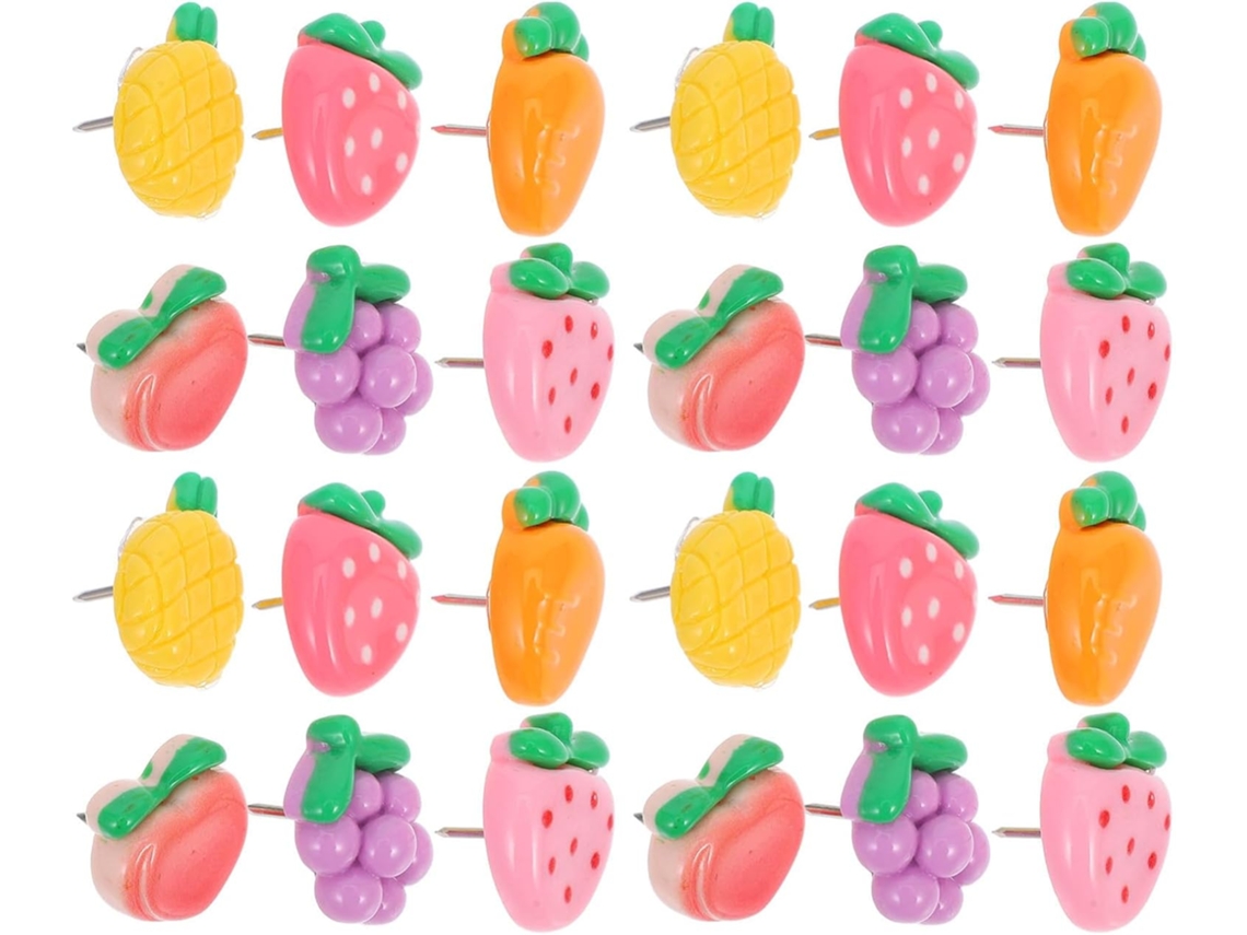 Alfinetes decorativos fáceis de instalar, com suportes em resina e metal, e 30 modelos de frutas e legumes para decoração.