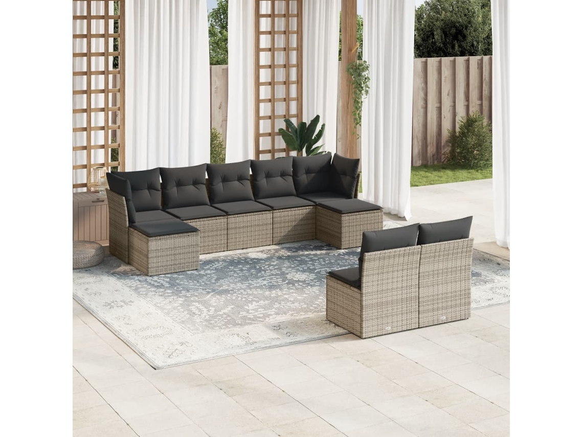 Vidaxl 9 Pcs Conjunto Sofás P/ Jardim Com Almofadões Vime Pe Cinzento