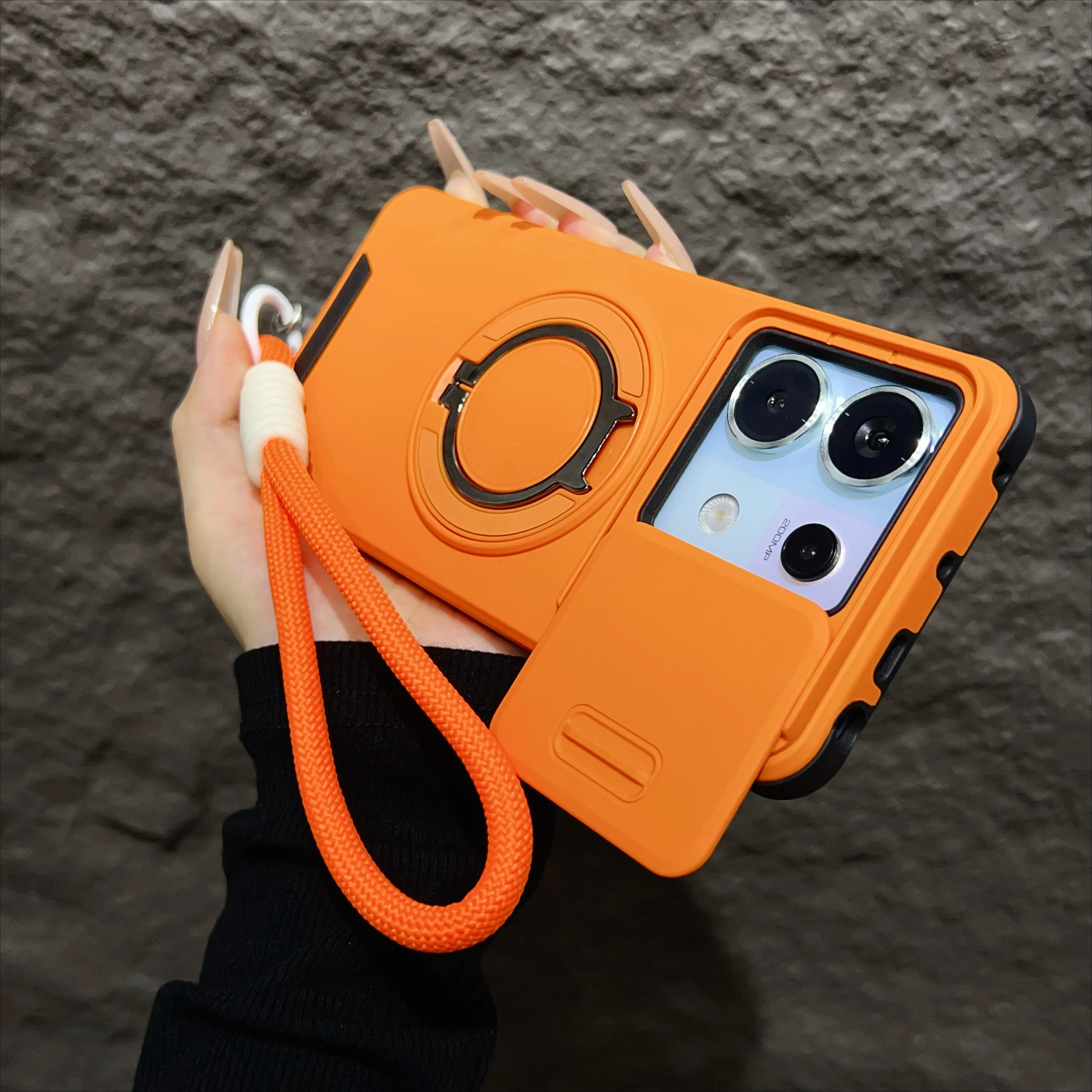 (laranja, Redmi Note 13 Pro) Capa Protetora Com Suporte Giratório De 360°, Anel Metálico Magnético E Proteção Contra Impactos.