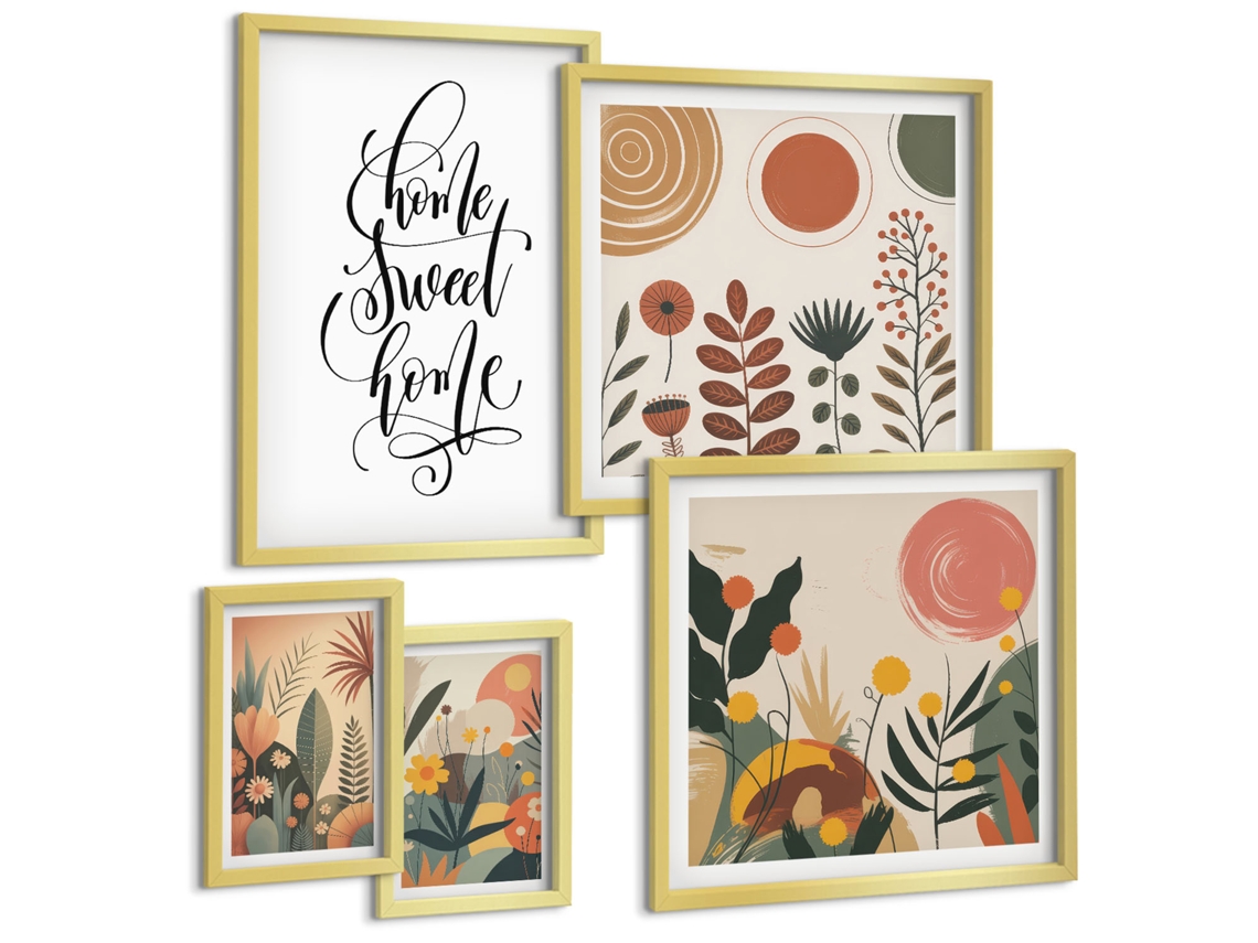 Pinturas Murais Modernas Padrões De Plantas, Sóis Grandes E Minimalistas Moldura Dourada Quadros Para O Escritório Espelharte (conjunto De 5 Imagens)