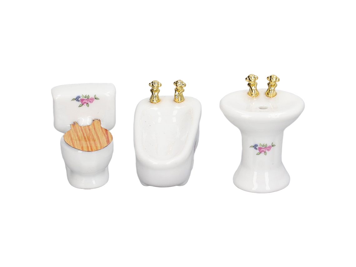 Mali conjunto Banheiro Miniatura Casa Boneca 1/24 Cerâmica Banheira Toalete Pia Flor 3 Peças
