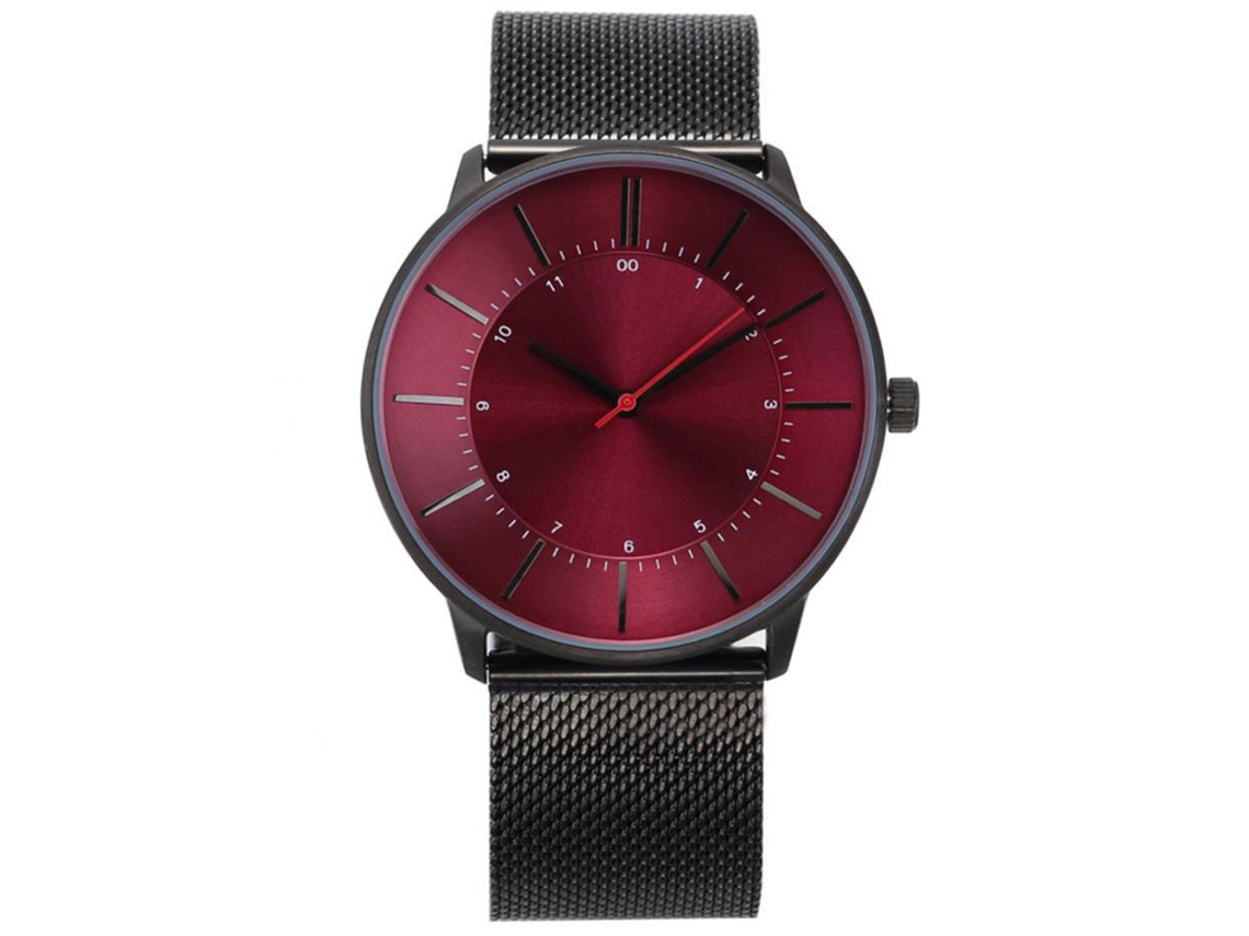 Relógio de pulso masculino em liga metálica com mostrador analógico redondo de quartzo, modelo moderno nas cores preto e vermelho.