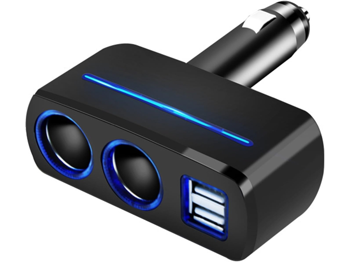Adaptador USB Duplo para veículos com conector rápido e luz LED para tablets e celulares.