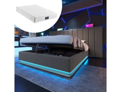Cama Estofada 160×200, Cama De Casal Com Arrumação E Controlo Por Aplicação Led E Função De Carregamento Usb-c, Estrutura De Cama Com Estrado De Ri