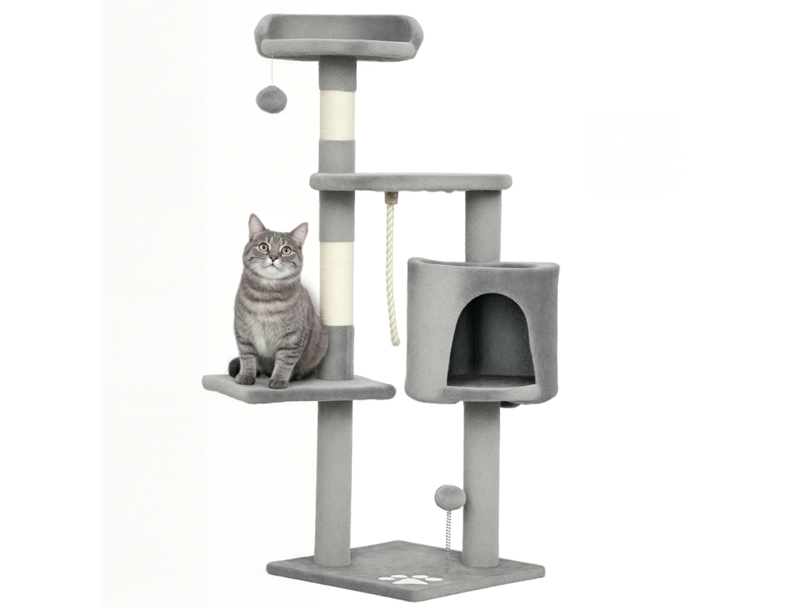 Árvore para Gatos Multifuncional com Postes para Arranhar, Plataformas, Esconderijo, Corda e Brinquedos, 40 X 40 X 114 Cm, Cinza ESSÊNCIACASA