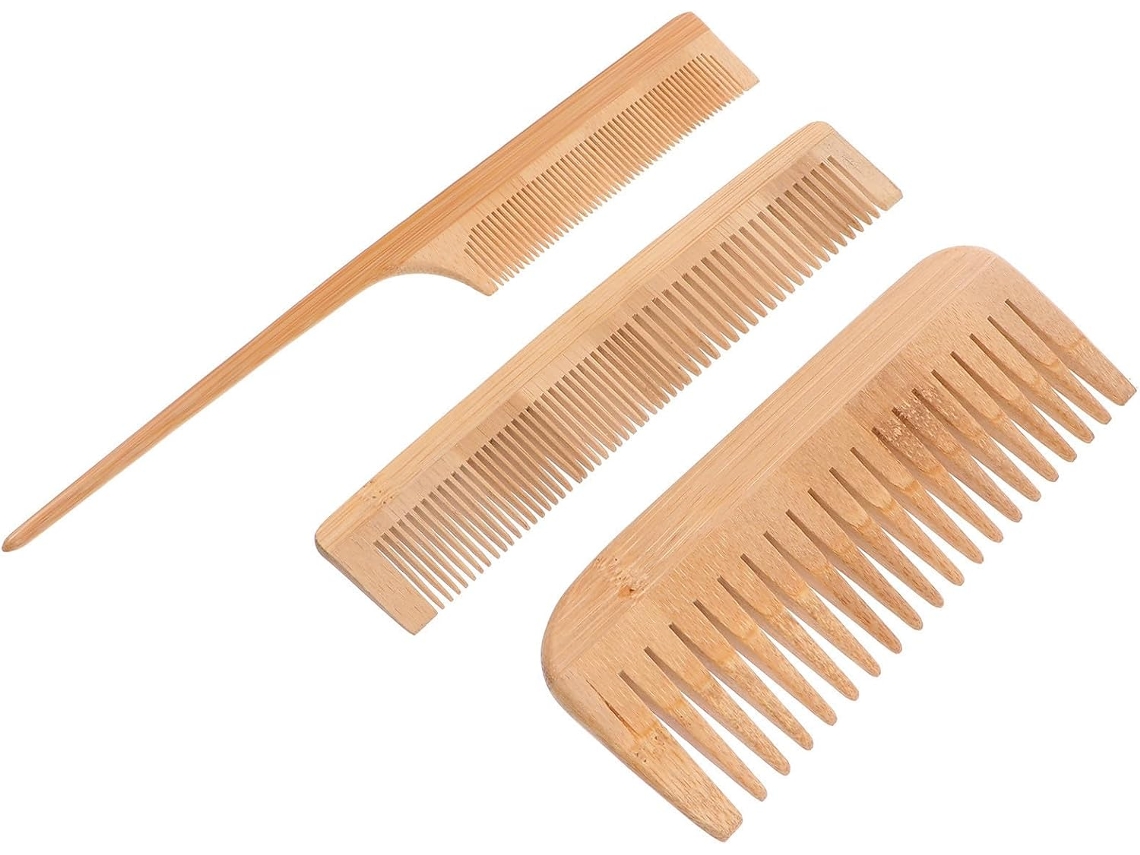 Conjunto de 3 canetas de bambu com pontas finas e longas, leves e portáteis, ideais para penteados.