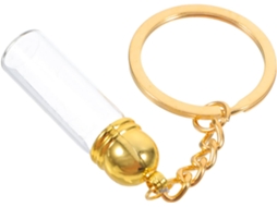 Chaveiro elegante em frasco de perfume de vidro dourado, tamanho ideal para recarga.