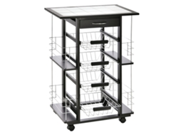 Carrinho De Cozinha Com Múltiplos Compartimentos De Armazenamento, 4 Cestos De Metal, 1 Gaveta E 4 Suportes Para Garrafas, Feito De Pinho Preto Com
