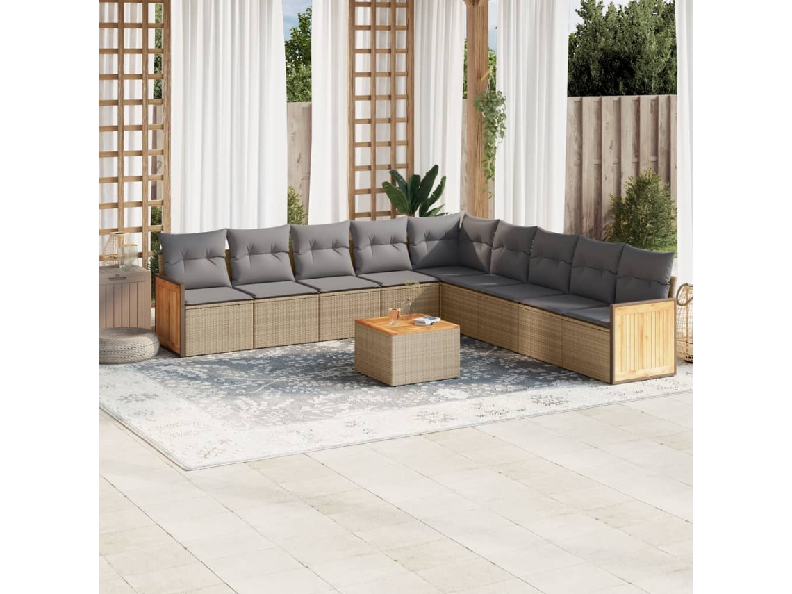 Vidaxl 10 Pcs Conjunto De Sofás P/ Jardim Com Almofadões Vime Pe Bege