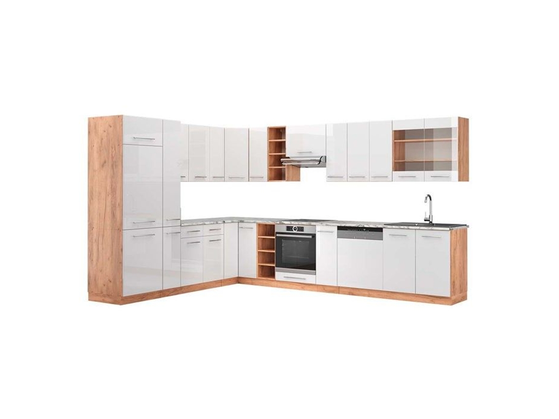 Cozinha de canto Fame-Line, 347 x 257 cm, Mármore PT, Branco brilhante/Carvalho dourado VICCO