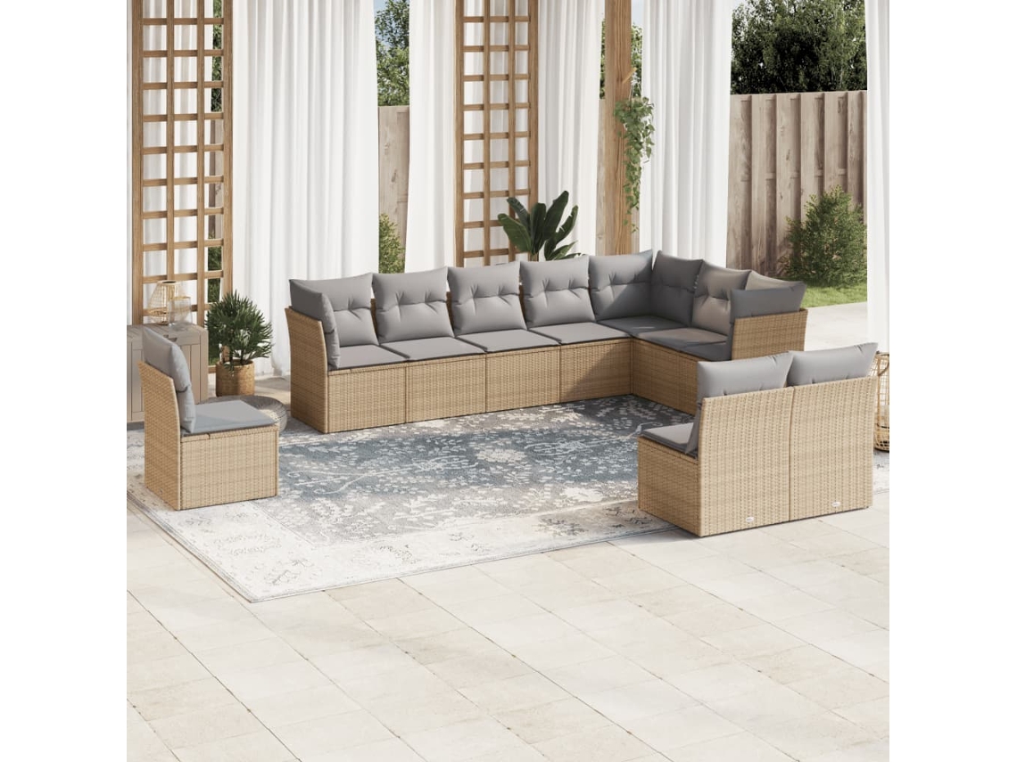 Vidaxl 10 Pcs Conjunto De Sofás P/ Jardim Com Almofadões Vime Pe Bege