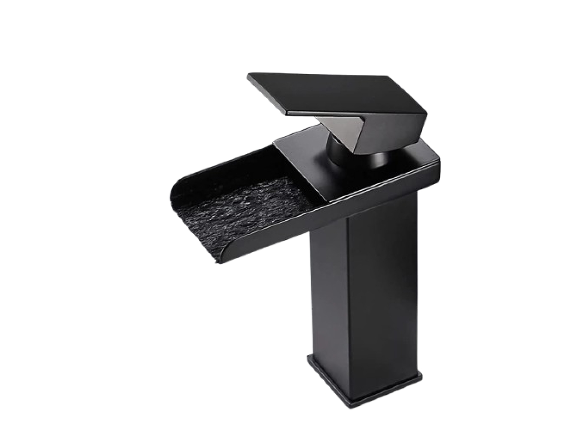 Misturador De Banheiro Preto Com Cascata Retangular, Acabamento Fosco Em Aço Inoxidável, Cartucho Cerâmico, Furo Único