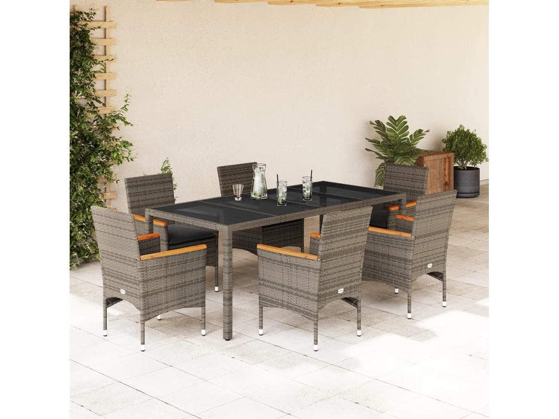 Conjunto 7 Peças Jantar Jardim C/ Almofadões Vime Pe/vidro Cinza Dkd Home Decor