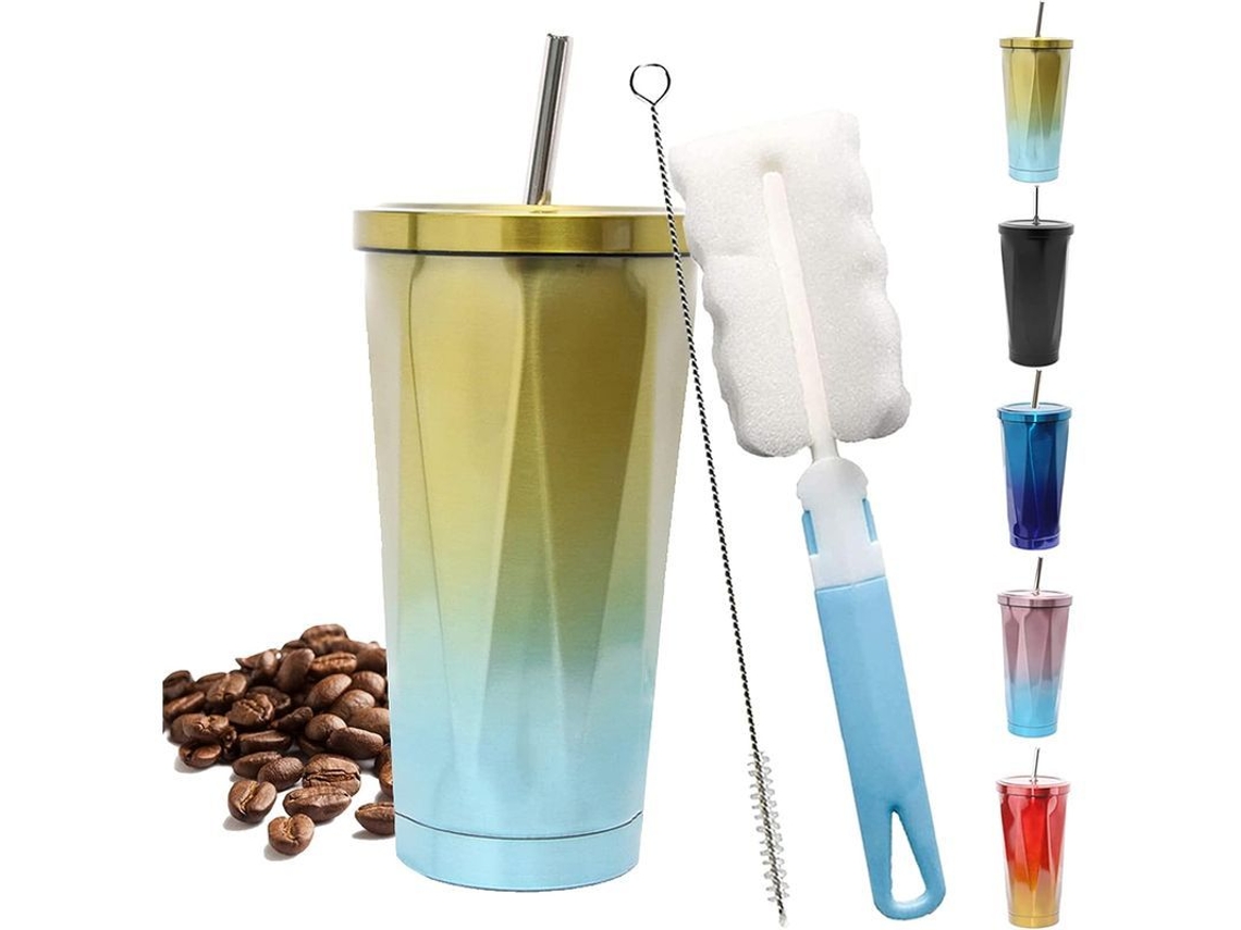 2026-taza De Café Linjou Com Pajita, Aislada Ao Vácuo, 500ml Ciano, Com Escova De Limpeza E Escova Para Pajita
