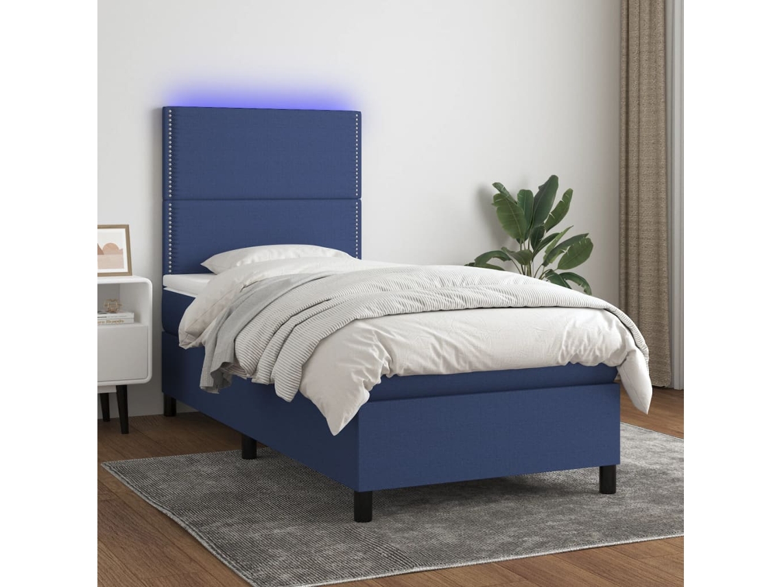 Vidaxl Cama Box Spring C/ Colchão E Led 90x190 Cm Tecido Azul