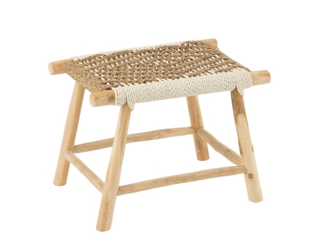 Banqueta Em Madeira De Teca E Juncos De Mar Bicolores Trançados Natural 38x60x45 Cm Jline