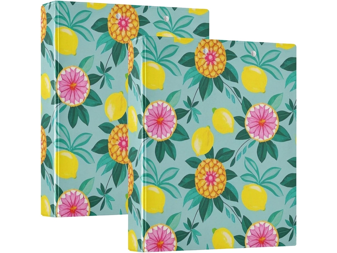 Pasta de Mesa Camada Dura com Estampa de Frutas em Tons Limão e Azul, 3,8cm 1,5 Polegadas, Três Carimbos e Prancheta