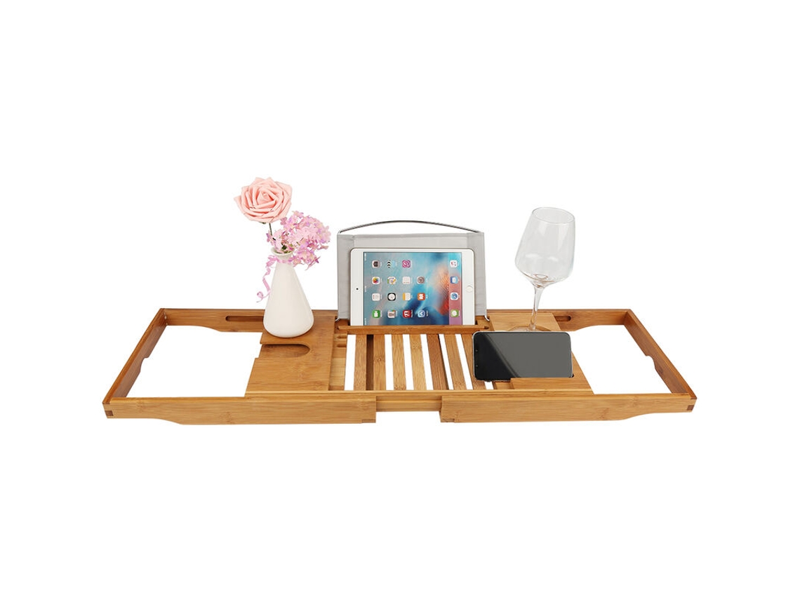 Prateleira Para Banheira Em Bambu Extensível 70-105cm - Bandeja Com Porta Celular, Livros E Copos