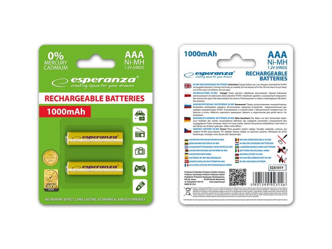 Pilhas Aaa ESPERANZA 1000mah para Brinquedos, Pacote com 2 Unidades. Ecológicas e
