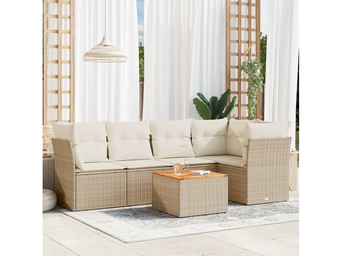 Vidaxl 6 Pcs Conjunto De Sofás P/ Jardim Com Almofadões Vime Pe Bege
