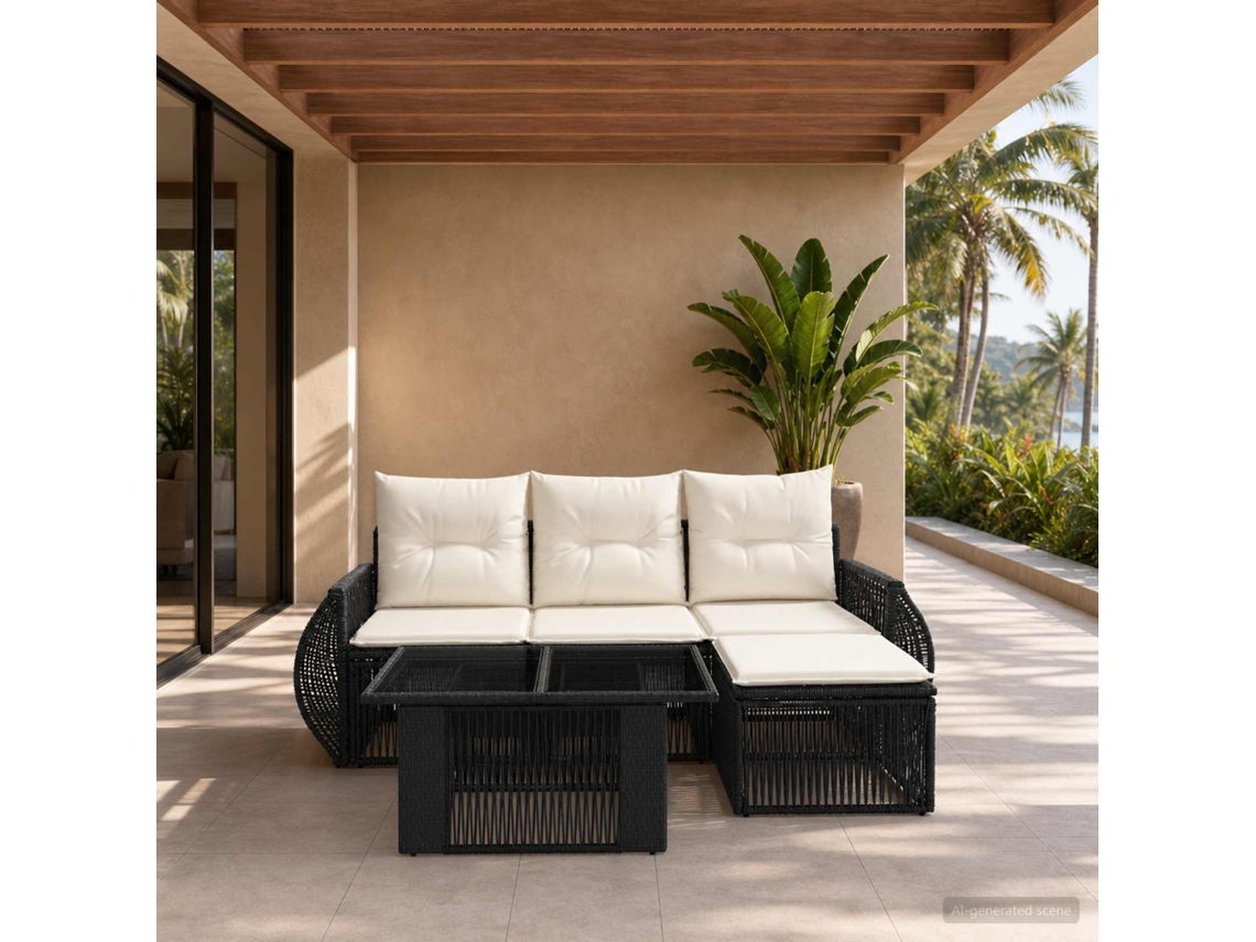 Vidaxl Conjunto De Sofá De Jardim 5 Unid. Preto E Branco Creme Vime Pe