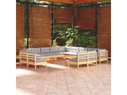 Vidaxl 13pcs Conjunto Lounge De Jardim + Almofadões Cinza Pinho Maciço