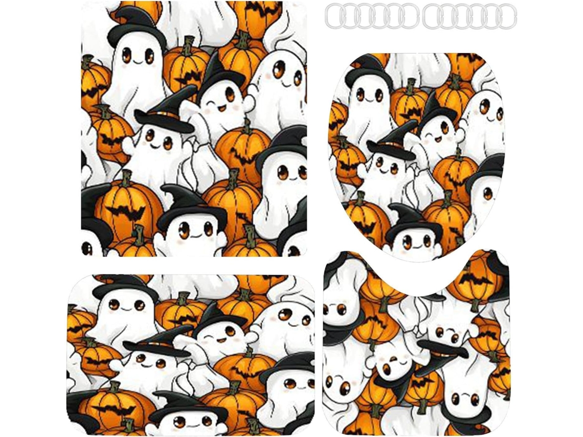 Conjunto De Cortinas De Chuveiro Pretas Assustadoras Para O Halloween, Com Tapetes Antiderrapantes P Gokoco