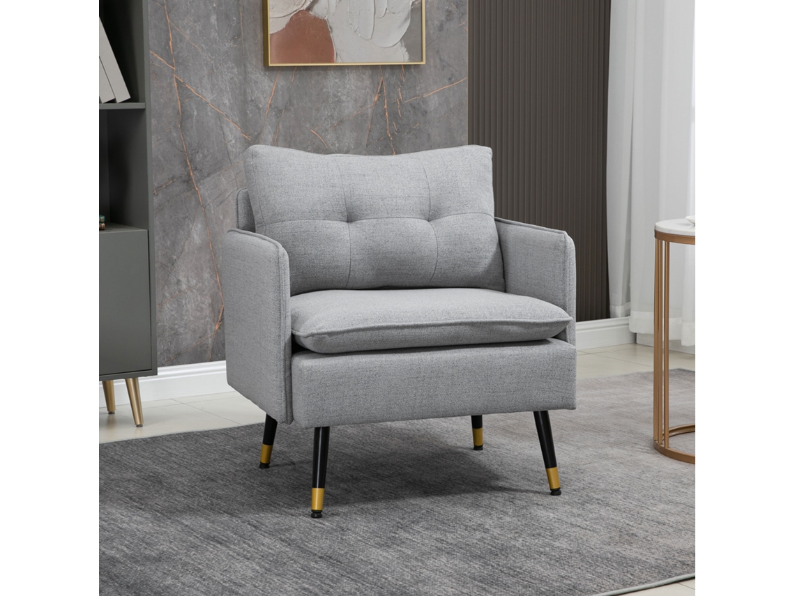 Poltrona Com Braços, Assento Acolchoado E Pés De Aço, Sofá Individual Moderno, 76x68x80 Cm, Cinza
