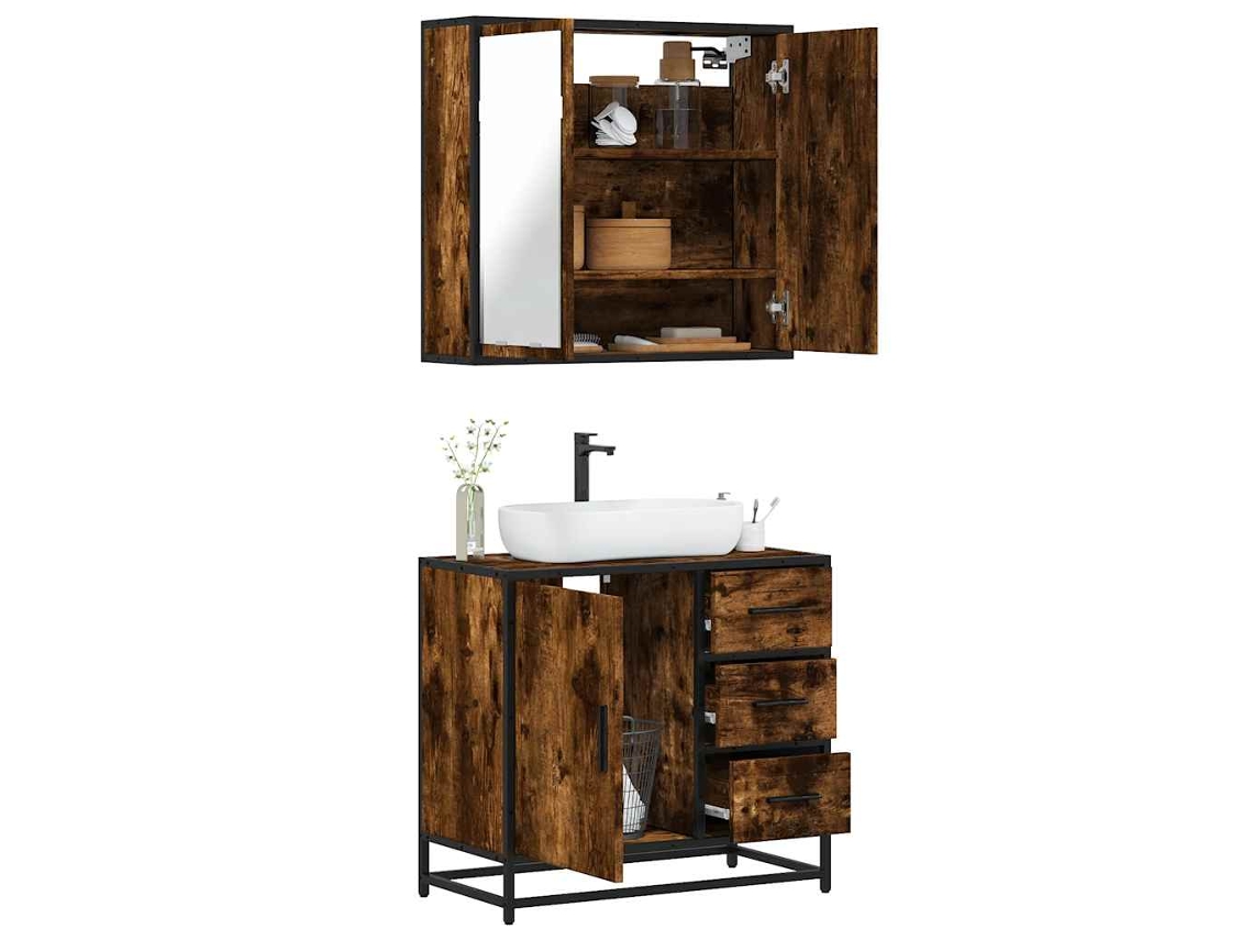 Vidaxl 2 Pcs Conj. Móveis Casa De Banho Derivados Madeira Cor Fumado