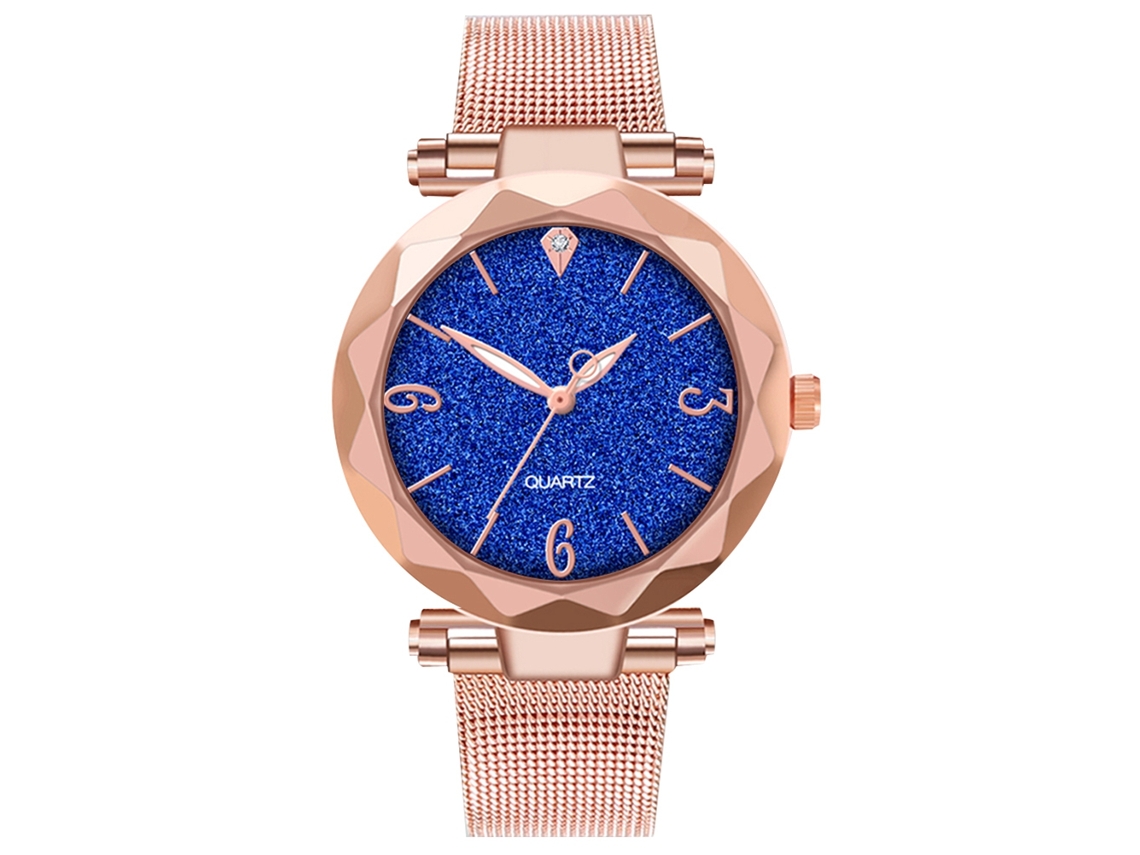 Relógio de quartzo para casa e mulheres com pulseira dourada e mostrador colorido (azul royal)