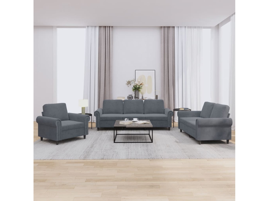 Vidaxl 3 Pcs Conjunto de Sofás com Almofadões Veludo Cinzento escuro